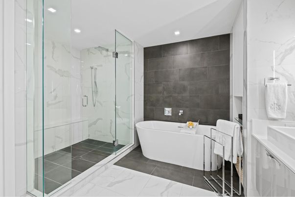 Bathroom, Free Standing Baths, Glass Shower, Interior, Marble, Marble Walls, Recessed Lighting