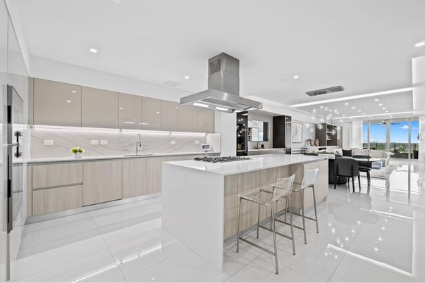 Dining room, Interior, Kitchen, Marble Walls, Recessed Lighting, Stainless Steel Appliances