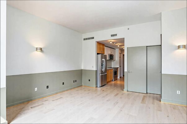 Empty room, Interior, Kitchen, Stainless Steel Appliances, Wood Texture Flooring