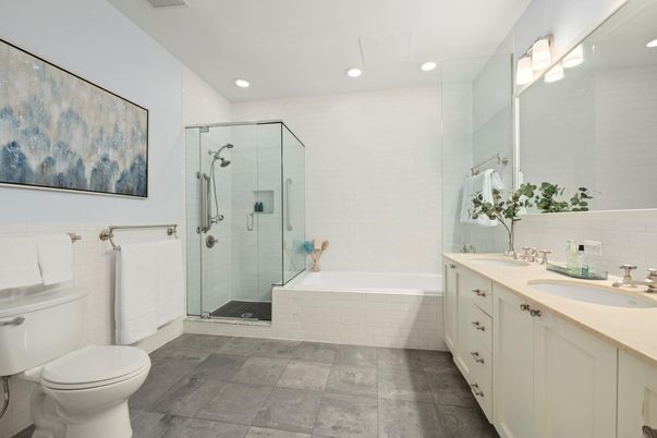 Bathroom, Dual Sink Vanities, Glass Shower, Interior, Recessed Lighting