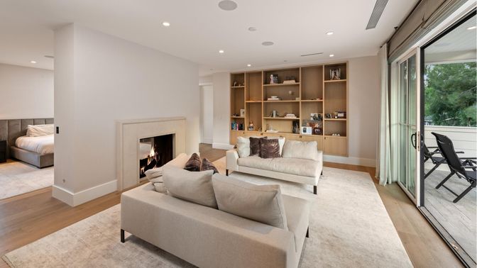 Bedroom, Fireplace, Interior, Living room, Recessed Lighting, Wood Texture Flooring