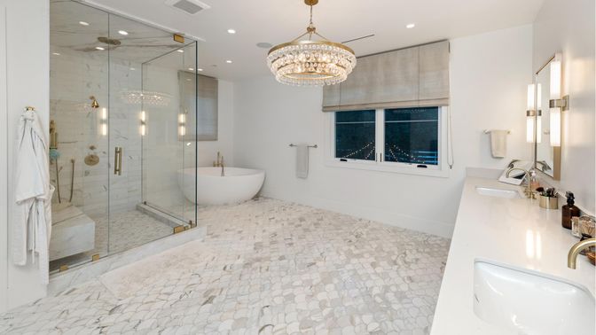 Bathroom, Chandelier, Dual Sink Vanities, Free Standing Baths, Glass Shower, Interior, Recessed Lighting