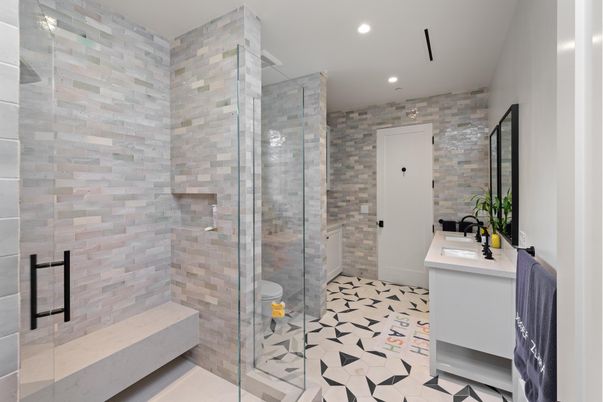 Bathroom, Glass Shower, Interior, Recessed Lighting, Stone Walls