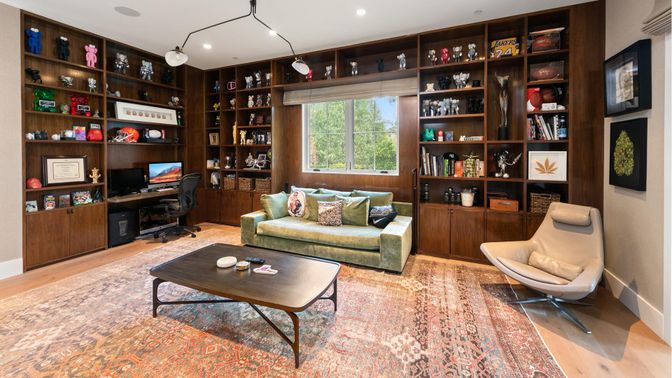 Home Office, Interior, Living room, Recessed Lighting, Wood Texture Flooring