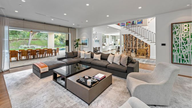 Dining room, Interior, Living room, Pendant Lights, Recessed Lighting, Wood Texture Flooring