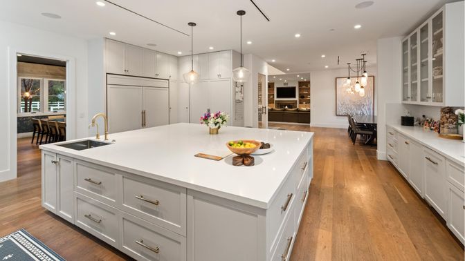 Interior, Kitchen, Pendant Lights, Recessed Lighting, Stainless Steel Appliances, Wood Texture Flooring