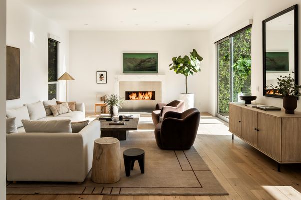 Fireplace, Interior, Living room, Recessed Lighting, Wood Texture Flooring