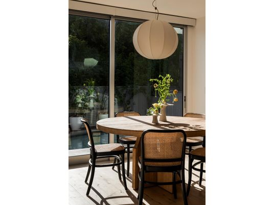 Dining room, Interior, Pendant Lights, Wood Texture Flooring