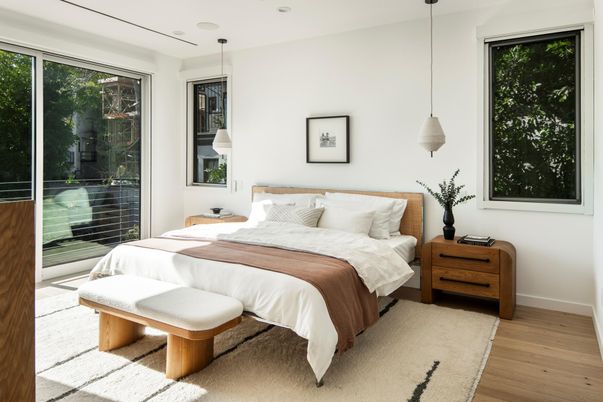 Bedroom, Interior, Pendant Lights, Wood Texture Flooring
