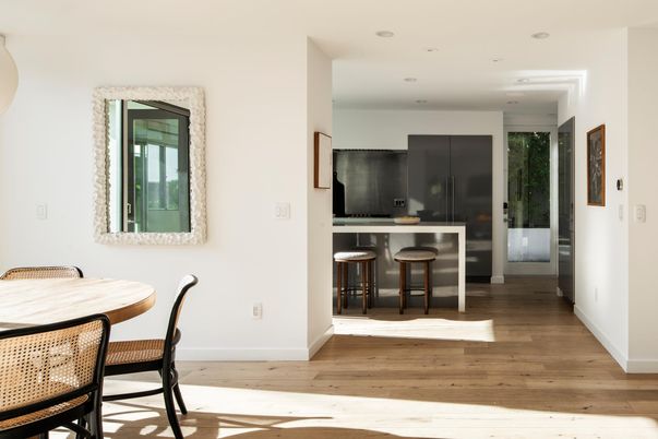 Dining room, Interior, Recessed Lighting, Wood Texture Flooring
