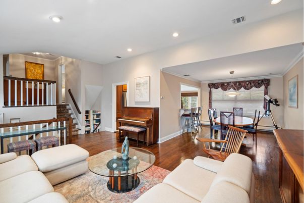 Dining room, Interior, Living room, Piano, Recessed Lighting, Wood Texture Flooring
