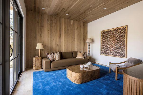 Interior, Living room, Recessed Lighting, Wooden Ceilings, Wood Texture Flooring, Wooden Walls