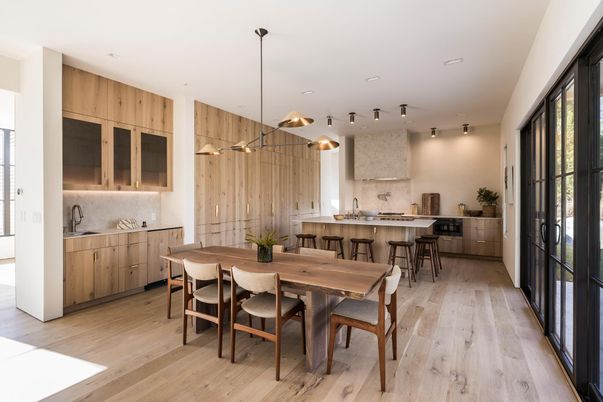 Dining room, Interior, Kitchen, Pendant Lights, Wood Texture Flooring