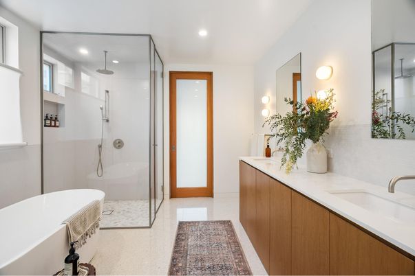 Bathroom, Dual Sink Vanities, Glass Shower, Interior, Recessed Lighting
