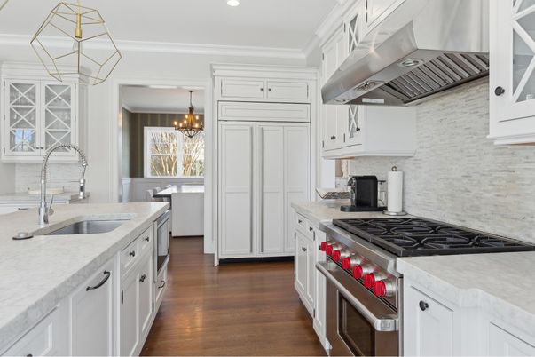 Chandelier, Interior, Kitchen, Pendant Lights, Recessed Lighting, Stainless Steel Appliances, Wood Texture Flooring