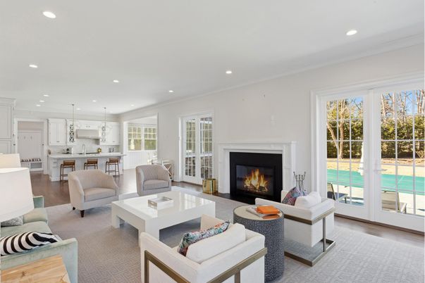 Fireplace, Interior, Kitchen, Living room, Pendant Lights, Recessed Lighting, Wood Texture Flooring
