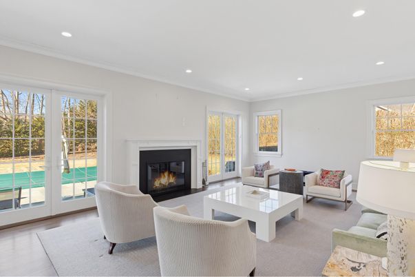 Fireplace, Interior, Living room, Recessed Lighting, Wood Texture Flooring