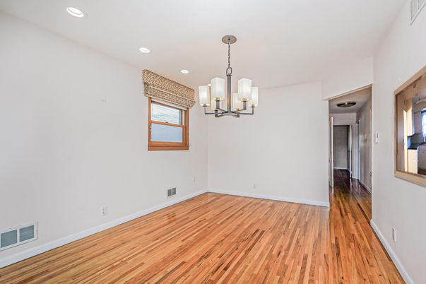 Chandelier, Empty room, Interior, Recessed Lighting, Wood Texture Flooring