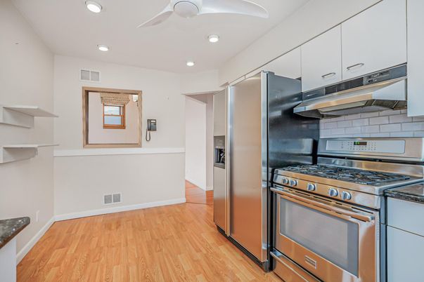 Interior, Kitchen, Recessed Lighting, Stainless Steel Appliances, Wood Texture Flooring