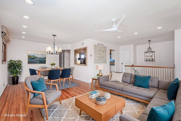 Dining room, Interior, Living room, Pendant Lights, Recessed Lighting, Wood Texture Flooring