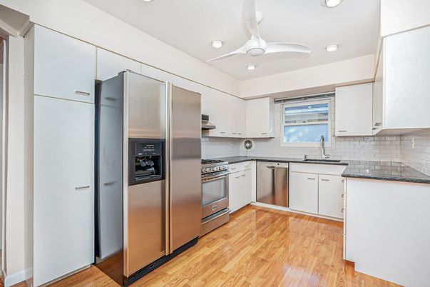 Interior, Kitchen, Recessed Lighting, Stainless Steel Appliances, Wood Texture Flooring