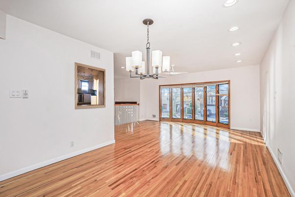 Chandelier, Empty room, Interior, Recessed Lighting, Wood Texture Flooring
