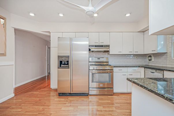 Interior, Kitchen, Recessed Lighting, Stainless Steel Appliances, Wood Texture Flooring