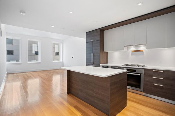 Interior, Kitchen, Recessed Lighting, Stainless Steel Appliances, Wood Texture Flooring