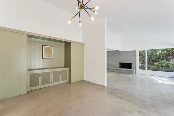Empty room, Fireplace, Interior, Pendant Lights, Recessed Lighting, Stone Walls