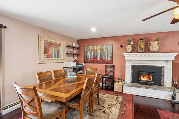 Dining room, Fireplace, Interior, Recessed Lighting, Wood Texture Flooring
