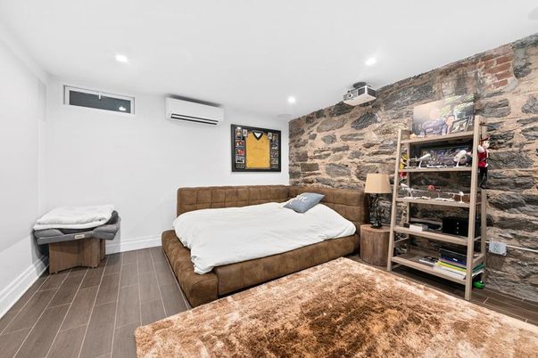 Bedroom, Interior, Recessed Lighting, Stone Walls, Wood Texture Flooring
