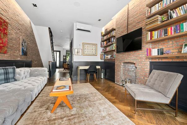 Fireplace, Interior, Living room, Recessed Lighting, Stone Walls, Wood Texture Flooring