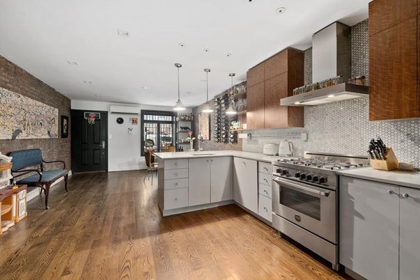 Interior, Kitchen, Pendant Lights, Recessed Lighting, Stainless Steel Appliances, Stone Walls, Wood Texture Flooring