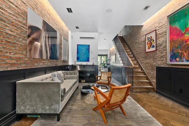 Interior, Living room, Piano, Recessed Lighting, Stone Walls, Wood Texture Flooring