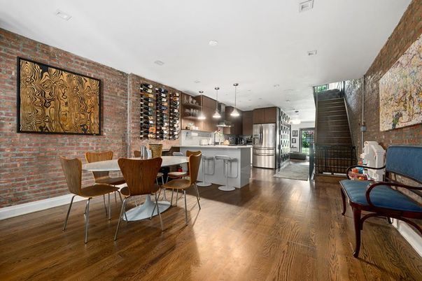 Dining room, Interior, Kitchen, Pendant Lights, Recessed Lighting, Stainless Steel Appliances, Stone Walls, Wood Texture Flooring