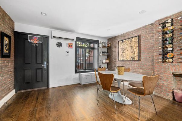 Dining room, Interior, Stone Walls, Wood Texture Flooring