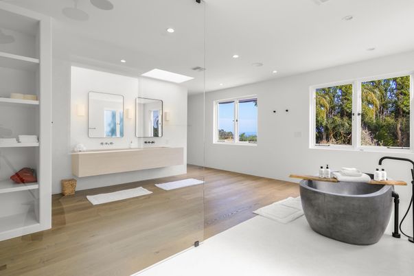 Bathroom, Dual Sink Vanities, Free Standing Baths, Interior, Recessed Lighting, Wood Texture Flooring