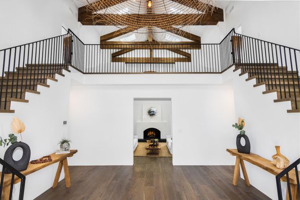 Bathroom, Bedroom, Glass Shower, Interior, Pendant Lights, Wooden Beams