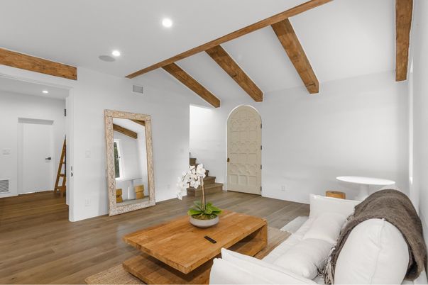 Interior, Living room, Recessed Lighting, Wooden Beams, Wood Texture Flooring