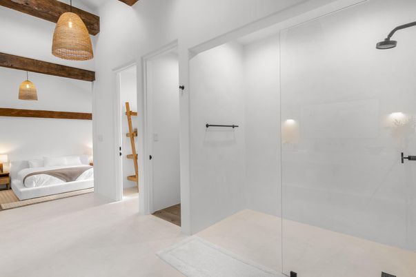 Bathroom, Bedroom, Glass Shower, Interior, Pendant Lights, Wooden Beams