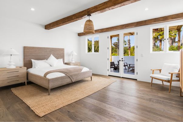 Bedroom, Interior, Recessed Lighting, Wooden Beams, Wood Texture Flooring