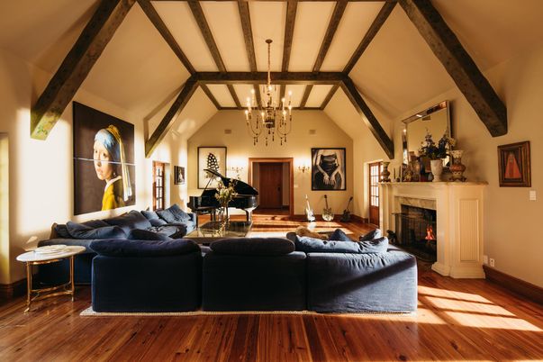 Chandelier, Fireplace, Interior, Living room, Piano, Wooden Beams, Wood Texture Flooring