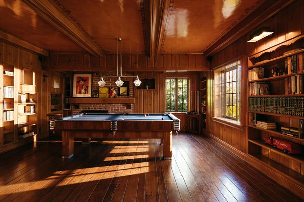Billiard Table, Game Room, Interior, Pendant Lights, Wooden Beams, Wooden Ceilings, Wood Texture Flooring, Wooden Walls