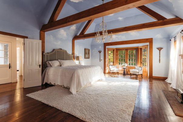 Bedroom, Chandelier, Interior, Wooden Beams, Wood Texture Flooring
