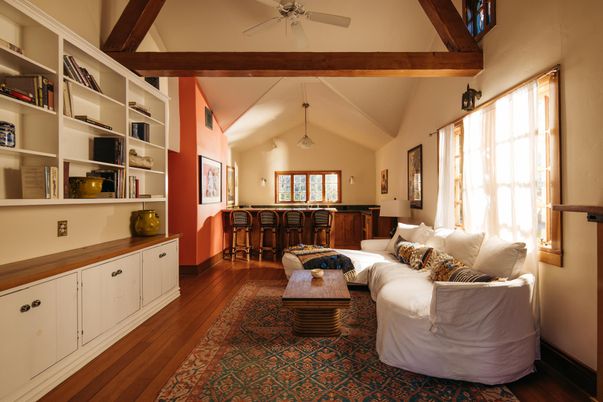 Interior, Living room, Pendant Lights, Wooden Beams, Wood Texture Flooring