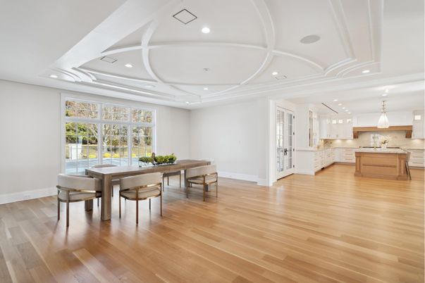 Dining room, Interior, Kitchen, Pendant Lights, Recessed Lighting, Wood Texture Flooring