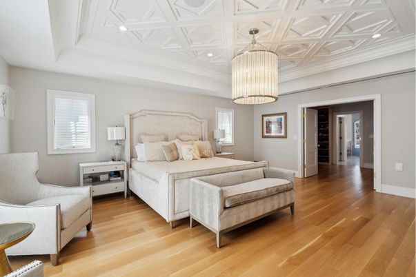 Bedroom, Chandelier, Interior, Recessed Lighting, Wood Texture Flooring