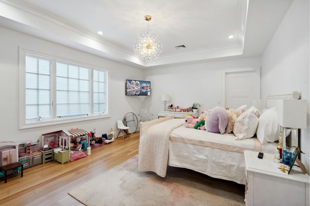 Bedroom, Chandelier, Interior, Recessed Lighting, Wood Texture Flooring