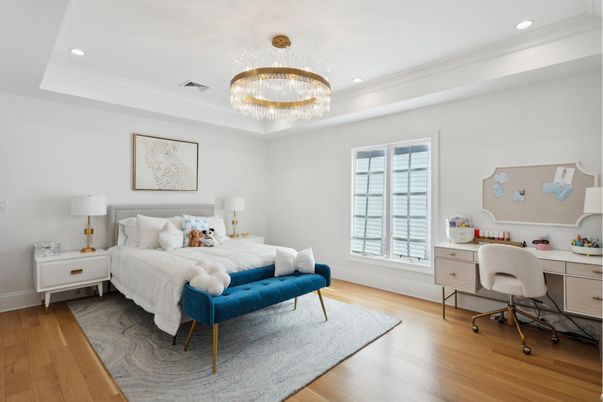 Bedroom, Chandelier, Home Office, Interior, Recessed Lighting, Wood Texture Flooring