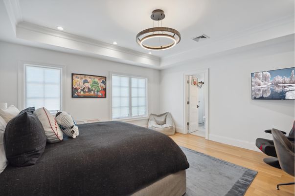 Bedroom, Interior, Pendant Lights, Recessed Lighting, Wood Texture Flooring